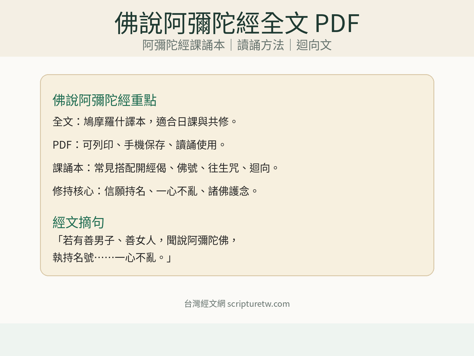 佛說阿彌陀經全文 PDF 預覽圖，包含阿彌陀經課誦本、讀誦與迴向重點