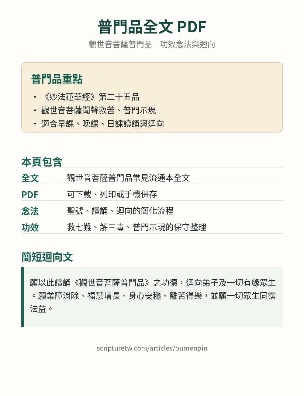 普門品全文 PDF 預覽圖,包含觀世音菩薩普門品、功效念法與迴向